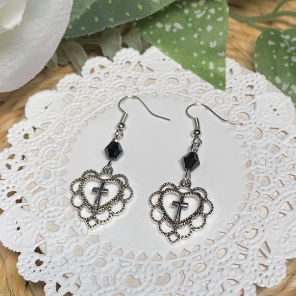 Graceful Filigree Heart Silver Cross Dangle Earrings - Picture 1 of 10